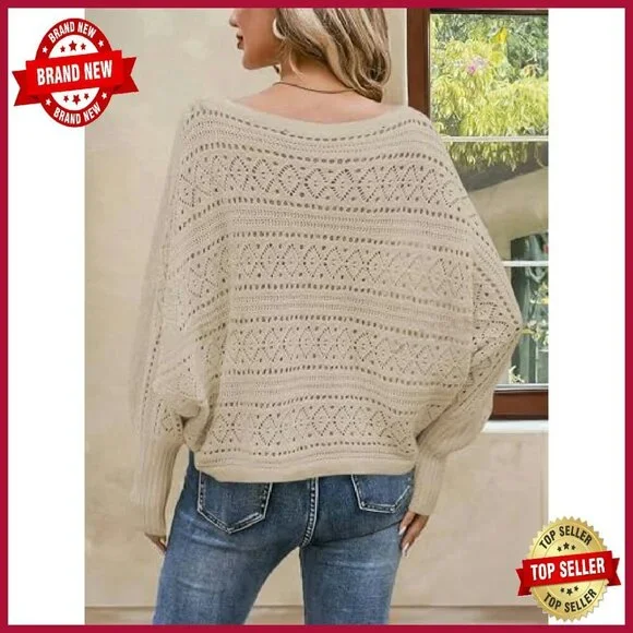 Oversized Off Shoulder Knit Sweater Batwing Sleeve Crochet Pullover - Picture 5 of 8